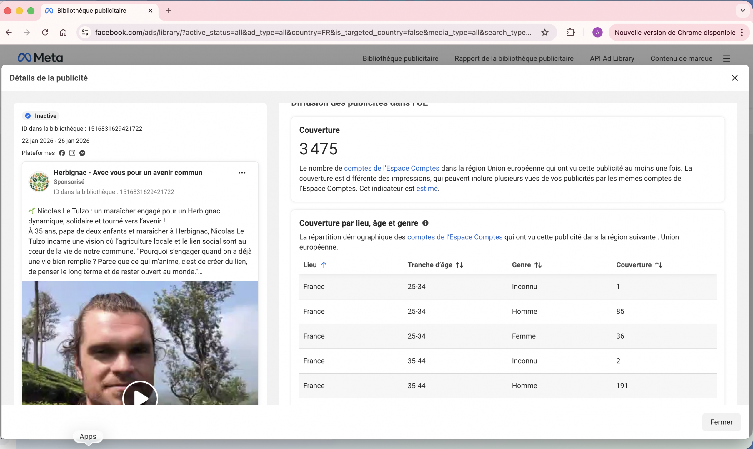 Capture Facebook Ads Library publication sponsorisée