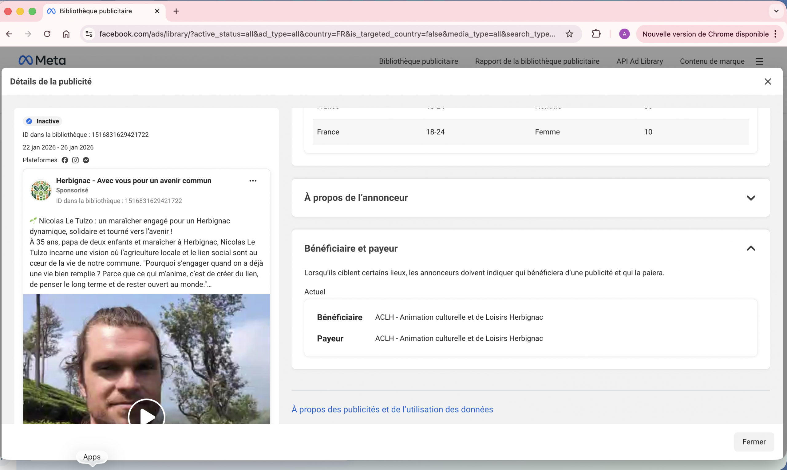 Capture Facebook Ads Library sponsorisation campagne